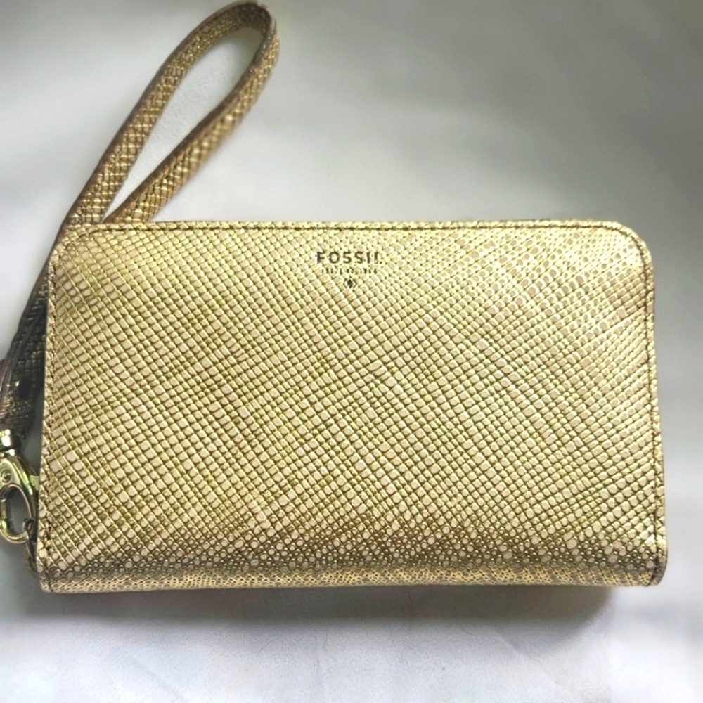 Brand New Fossil Gold Crossgrain Leather Wristlet Zip Around Wallet 6" X 3.5"